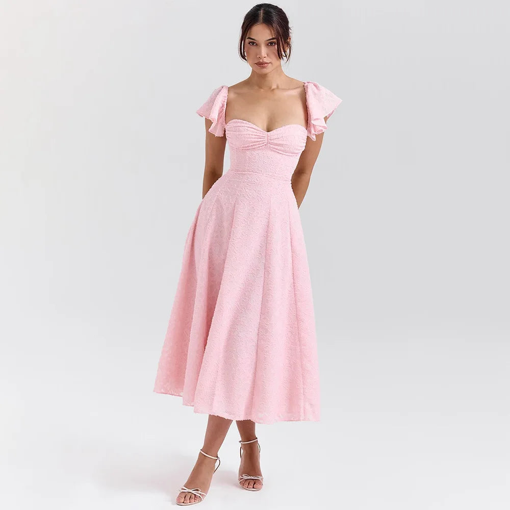 Pink Short Puff Sleeves Jacquard Print Maxi Dress