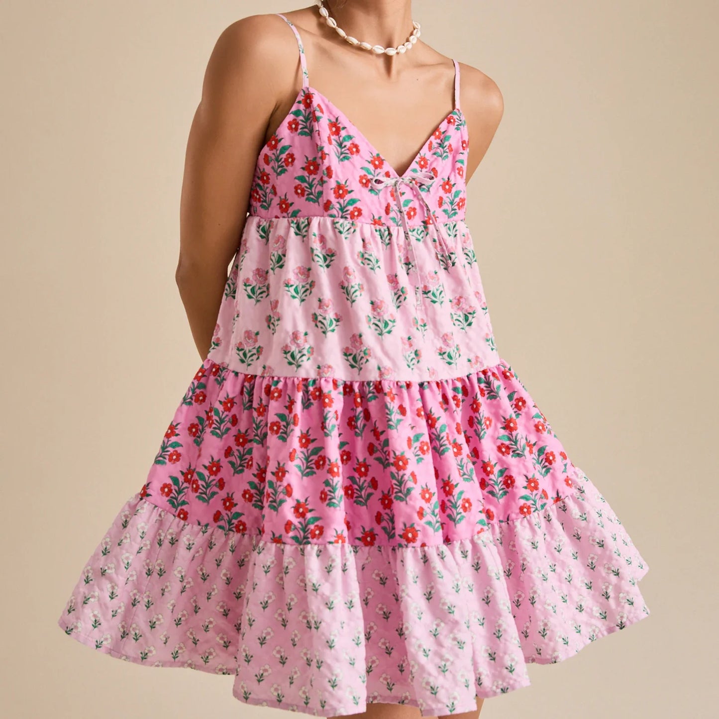 Pink Printed Patchwork Cami Mini Dress