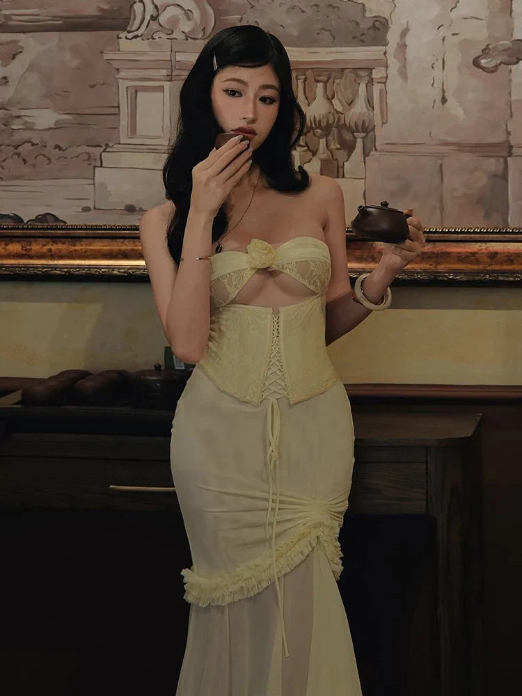 Strapless Cut Out Mesh Corset Ruffles Maxi Dress