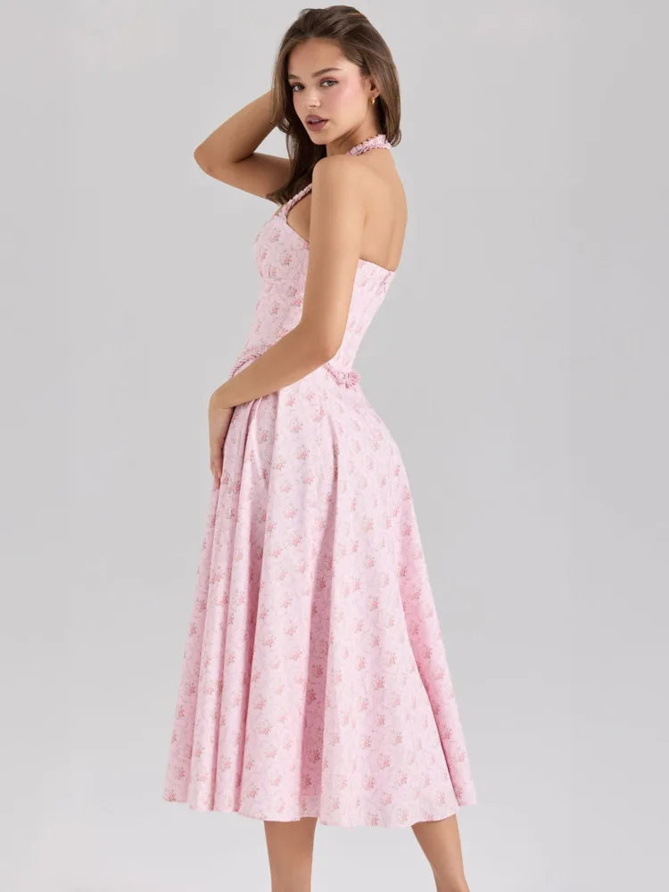 Pink Floral Print Braided A-line Midi Dress