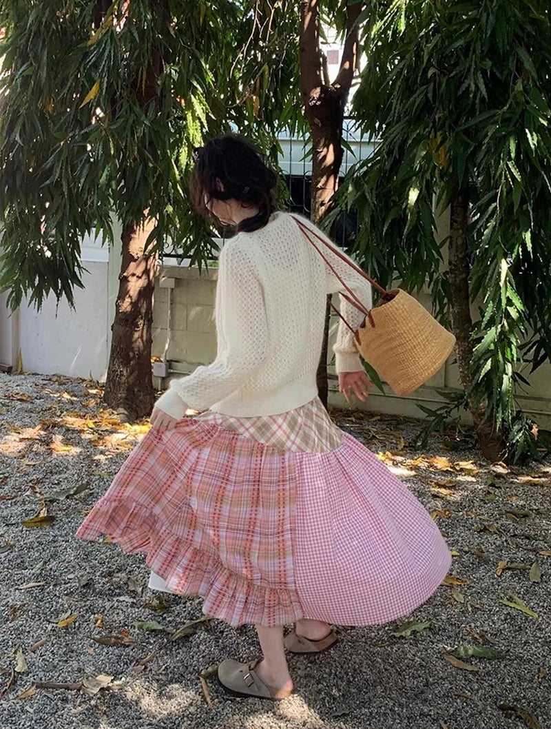 Plaid Patchwork Midi Skirt - Streetwear A-Line