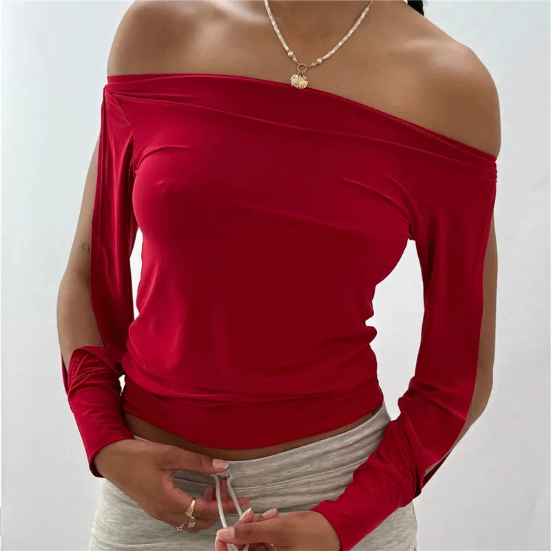 Off-Shoulder Slit Long Sleeve Top