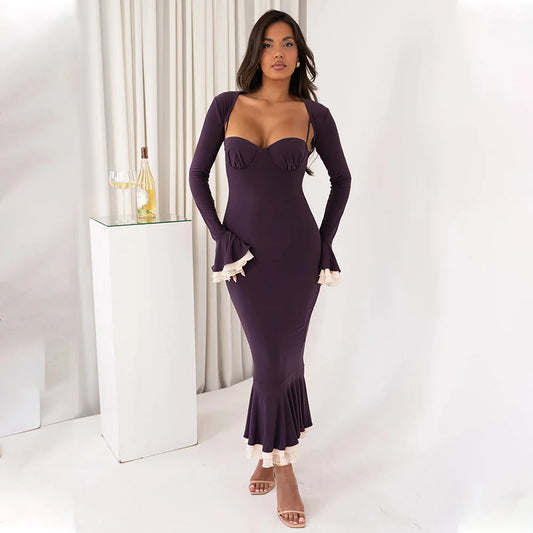 Solid Long Flared Two-piece Crop Sleeve Midi Dress