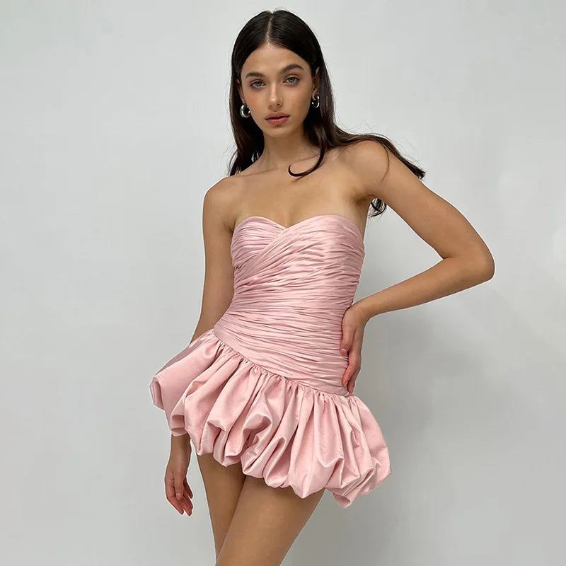 Satin Ruched Puff Mini Dress