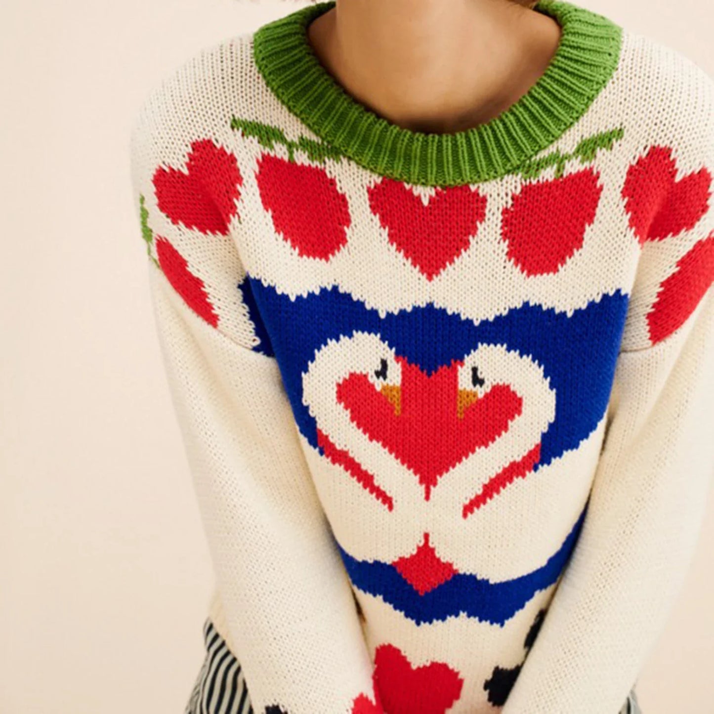 Swan Love Heart Pattern Ribbed Crew Neck Sweater