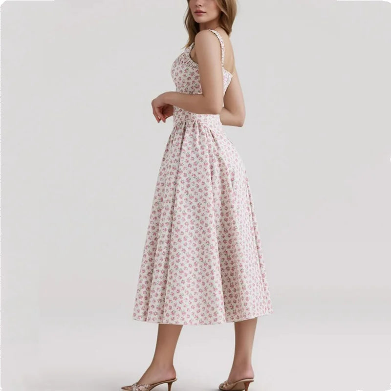 Floral Print Square Neck Strap Flare Midi Dress
