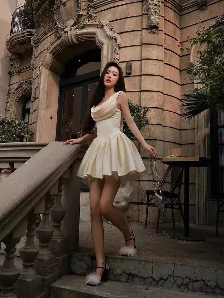 Satin Cowl Neck Back Lace Up Mini Dress