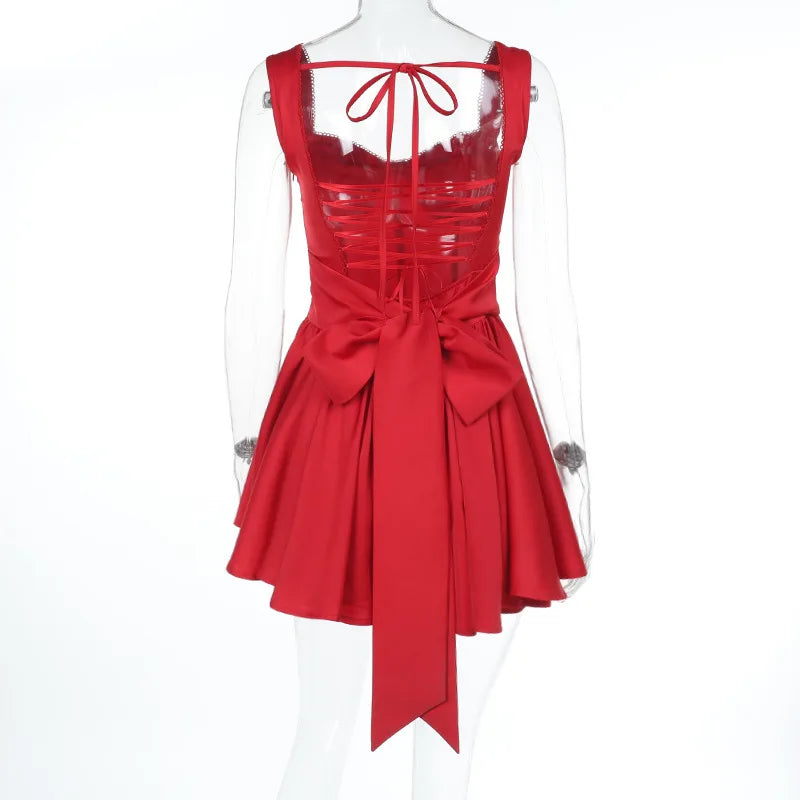 Red Back Lace Up Bow Mini Dress
