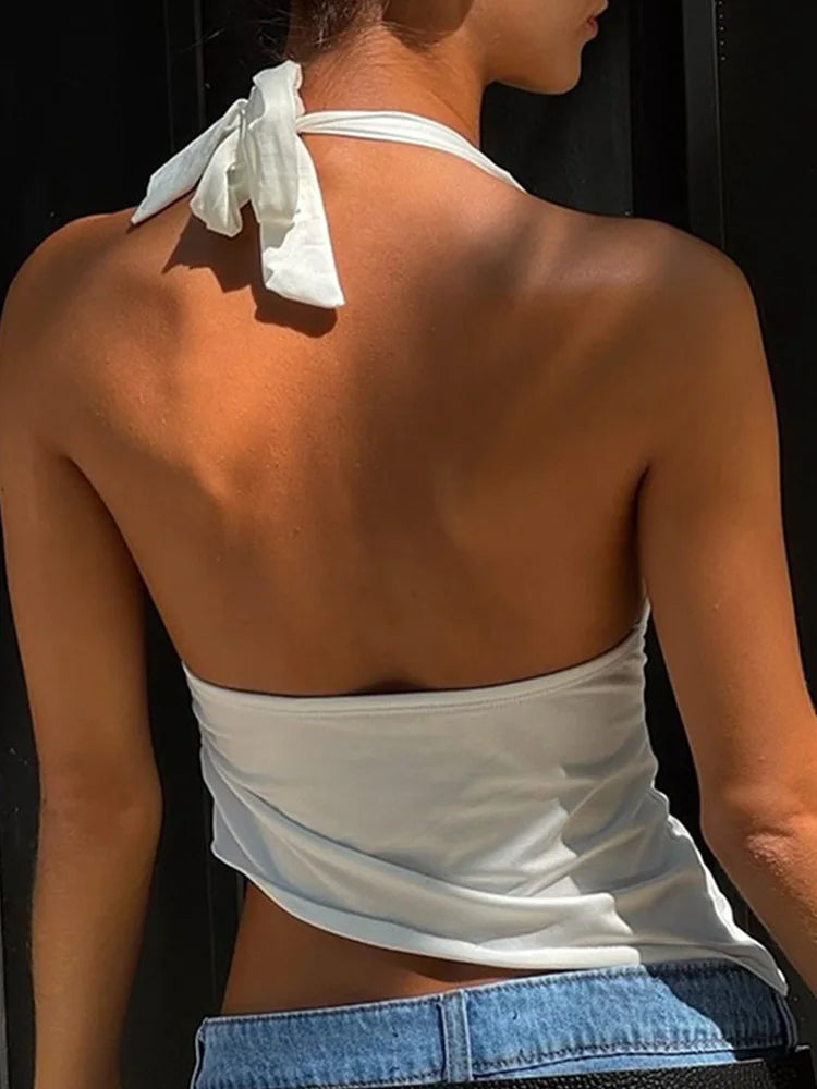 White Solid Halter Asymmetric Crop Top