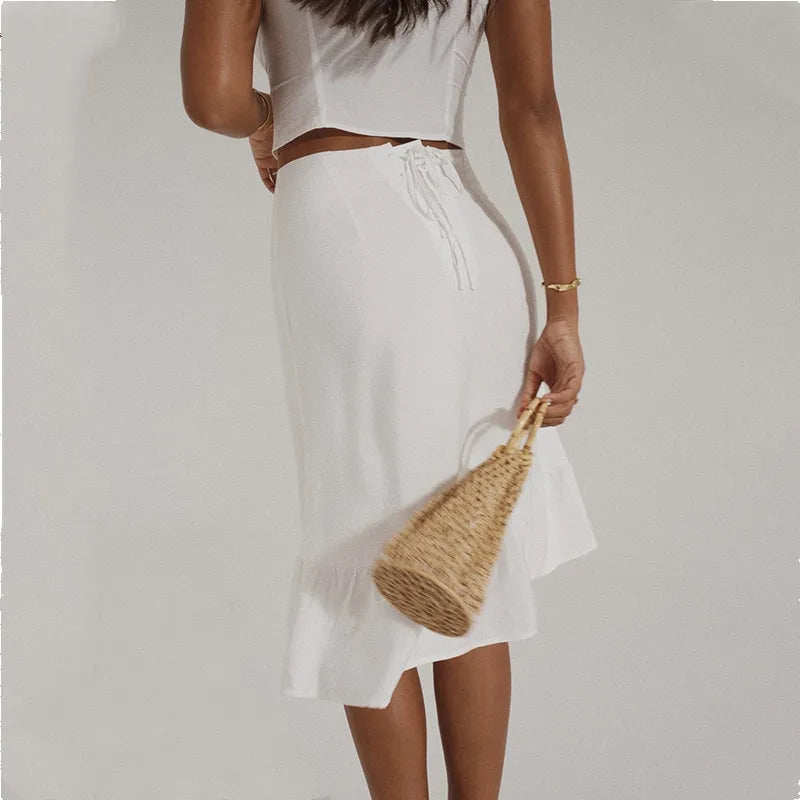 White Strap Crop Top And Midi Skirt Set