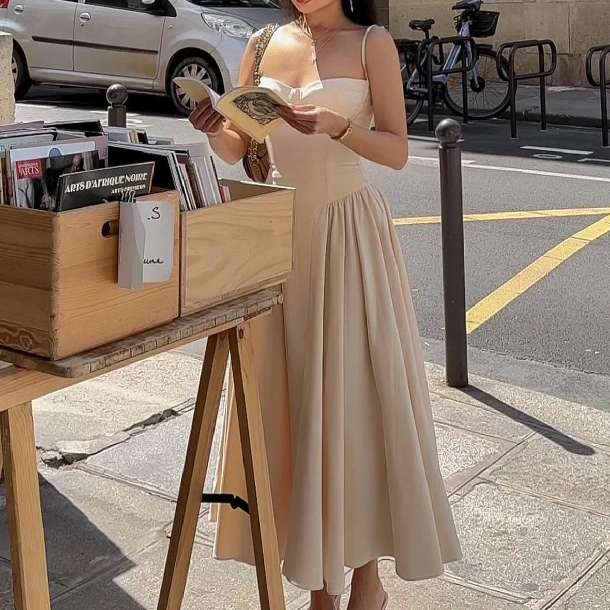 Solid Spaghetti Strap Bustier Pleated Midi Dress