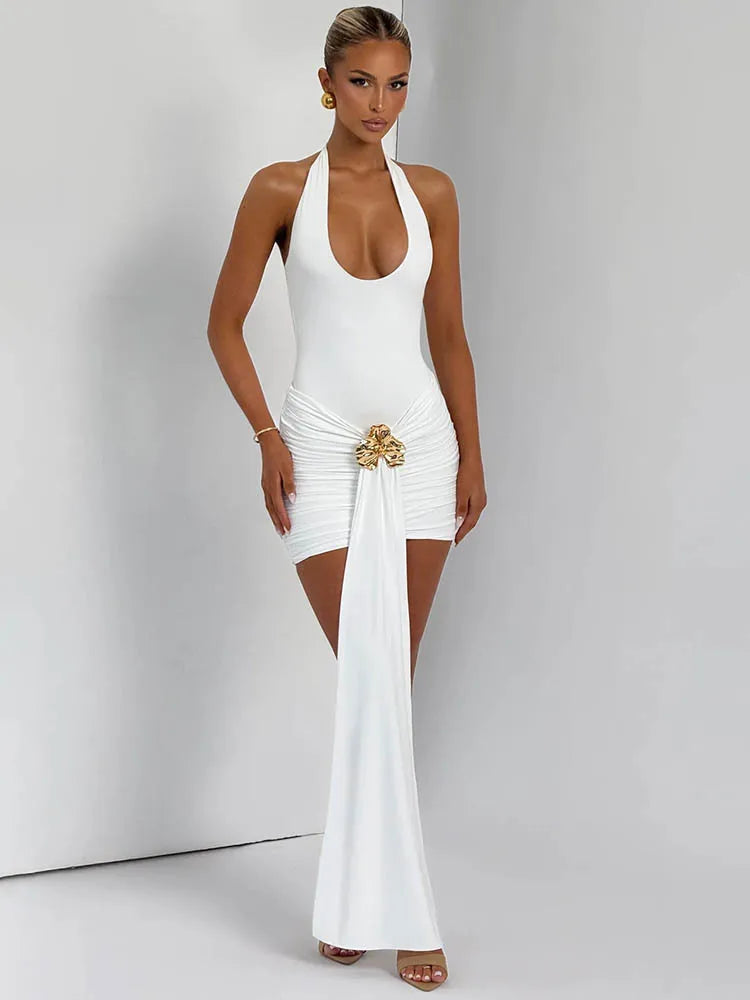 Halter Metal Flower Draped Ruched Mini Dress