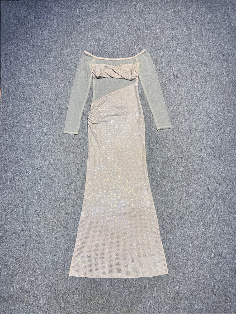 Rhinestone Slash Neck Long Sleeve Patchwork Maxi Dress