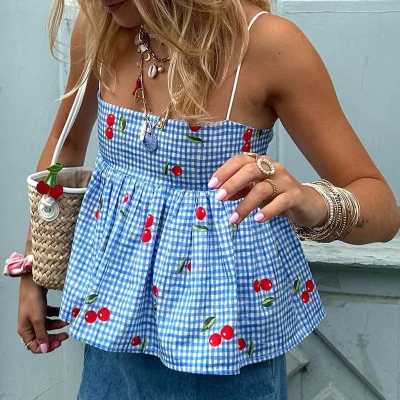 Blue Striped Floral Embroidery Tie Up Top