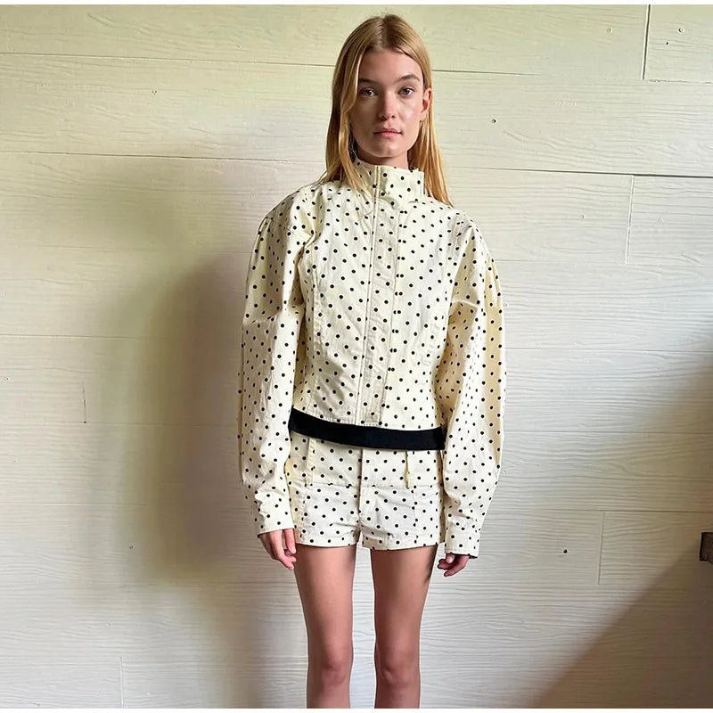 White Polka Dot Zipper Jacket And Shorts Set