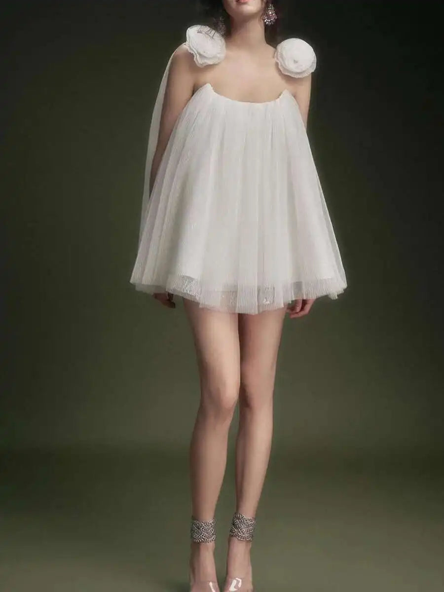 White Mesh Flower Appliqués Frill Mini Dress