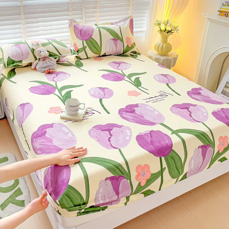 Purple Flower Bed Sheets Single/Queen/King Size Fitted Bed Sheet with Elastic Band drap de lit High Quality Mattress Cover 180