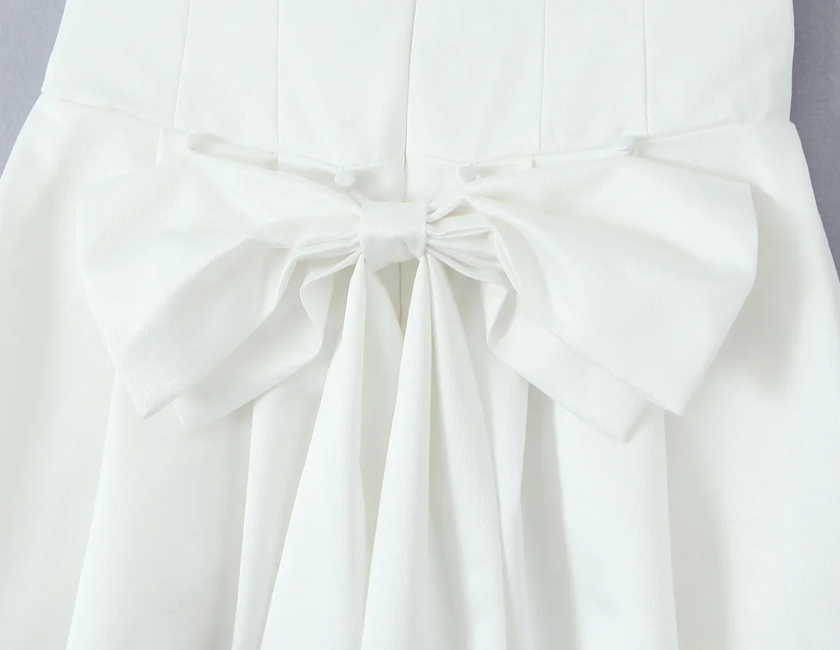 White Satin Tulle Back Bow Mini Strapless Dress