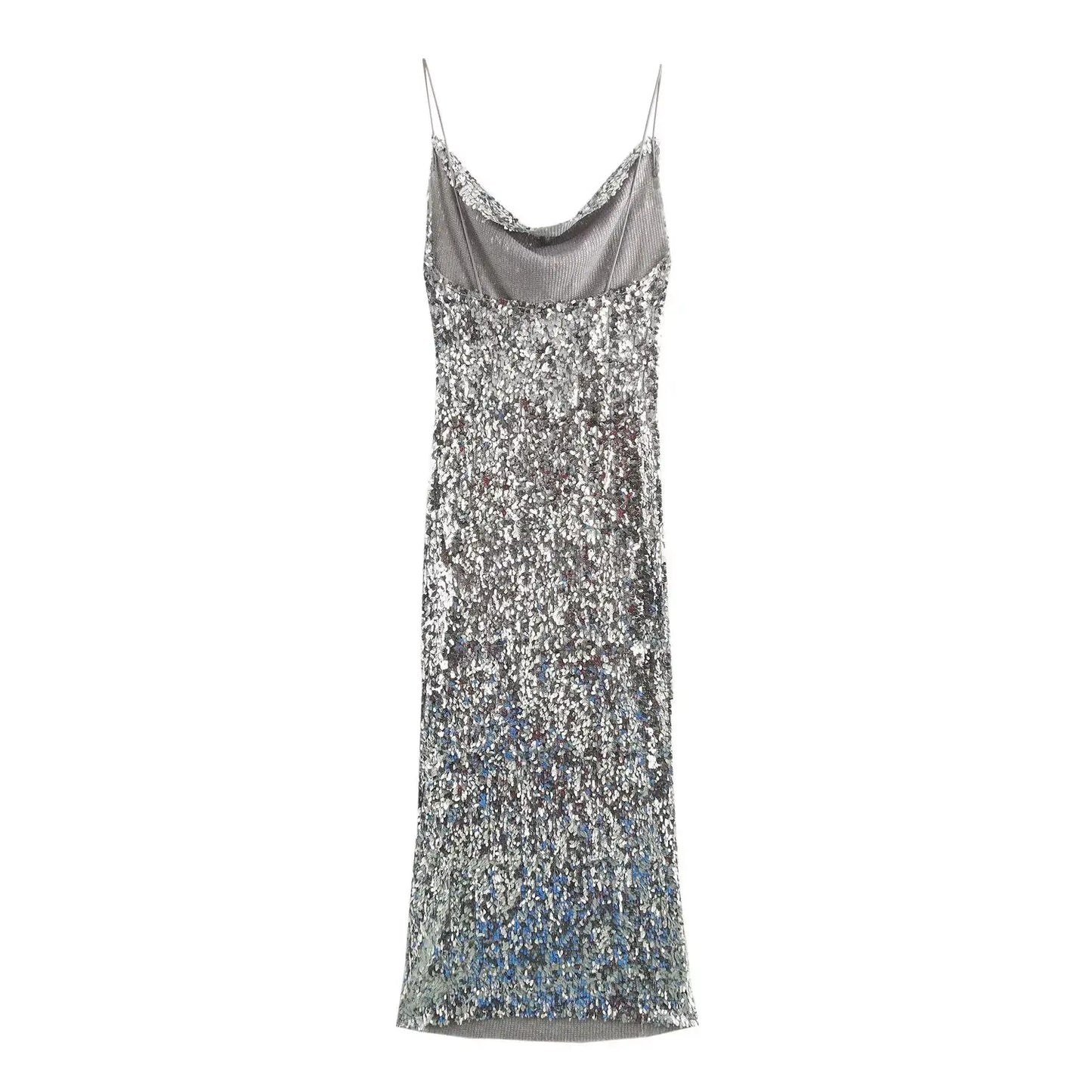 Silver Sequin Cowl Neck Midi Dress