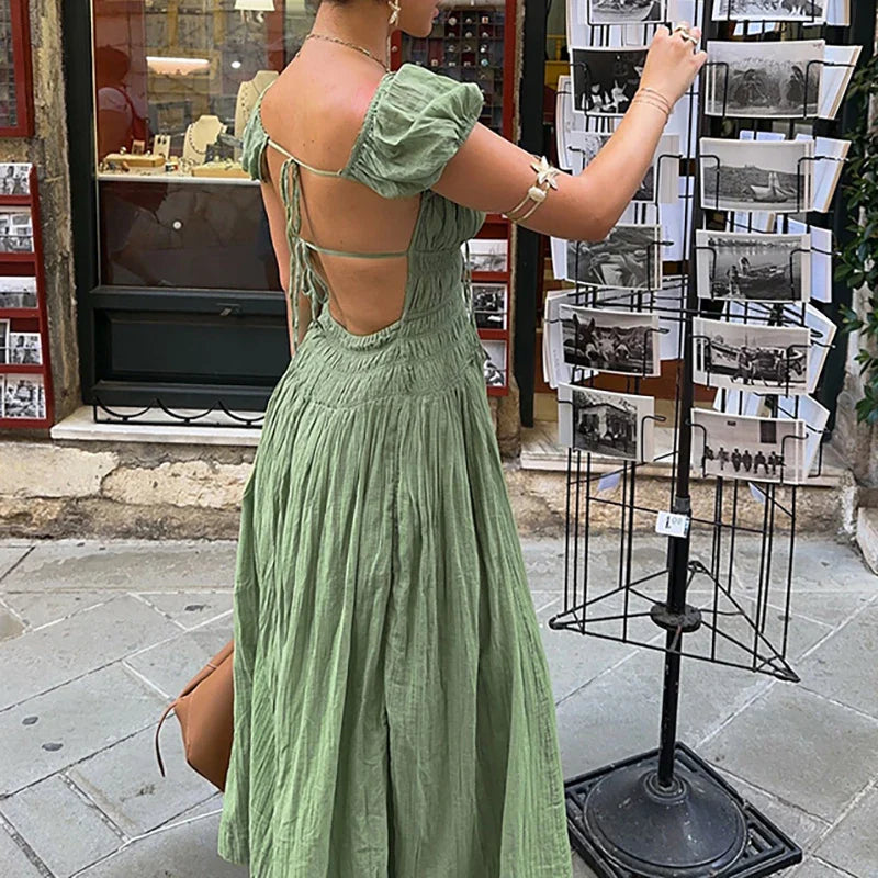 Green Open Back Short Sleeve Maxi Dress