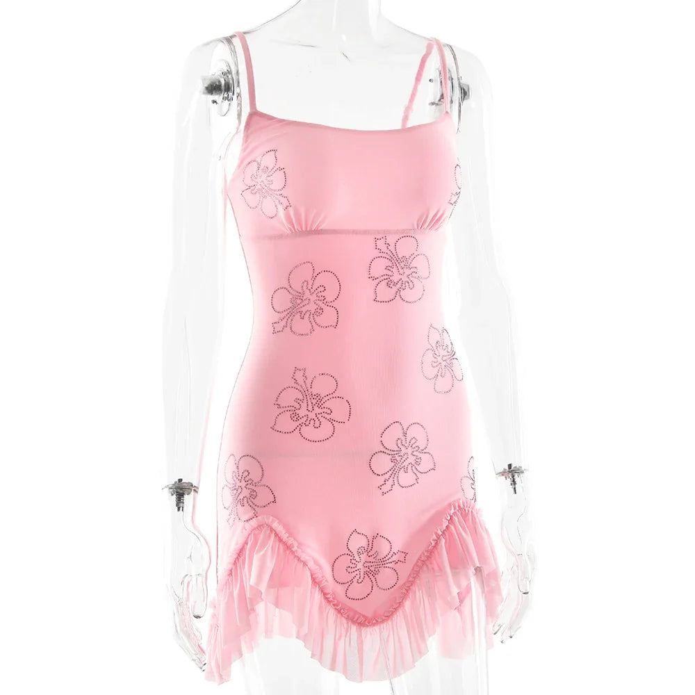 Pink Frill Flowers Slip Mini Dress