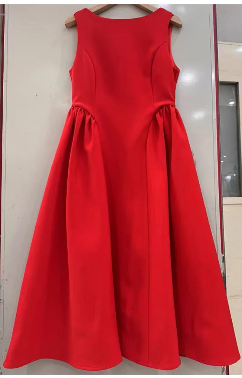 Solid Round Neck Waist A-line Sleeveless Midi Dress