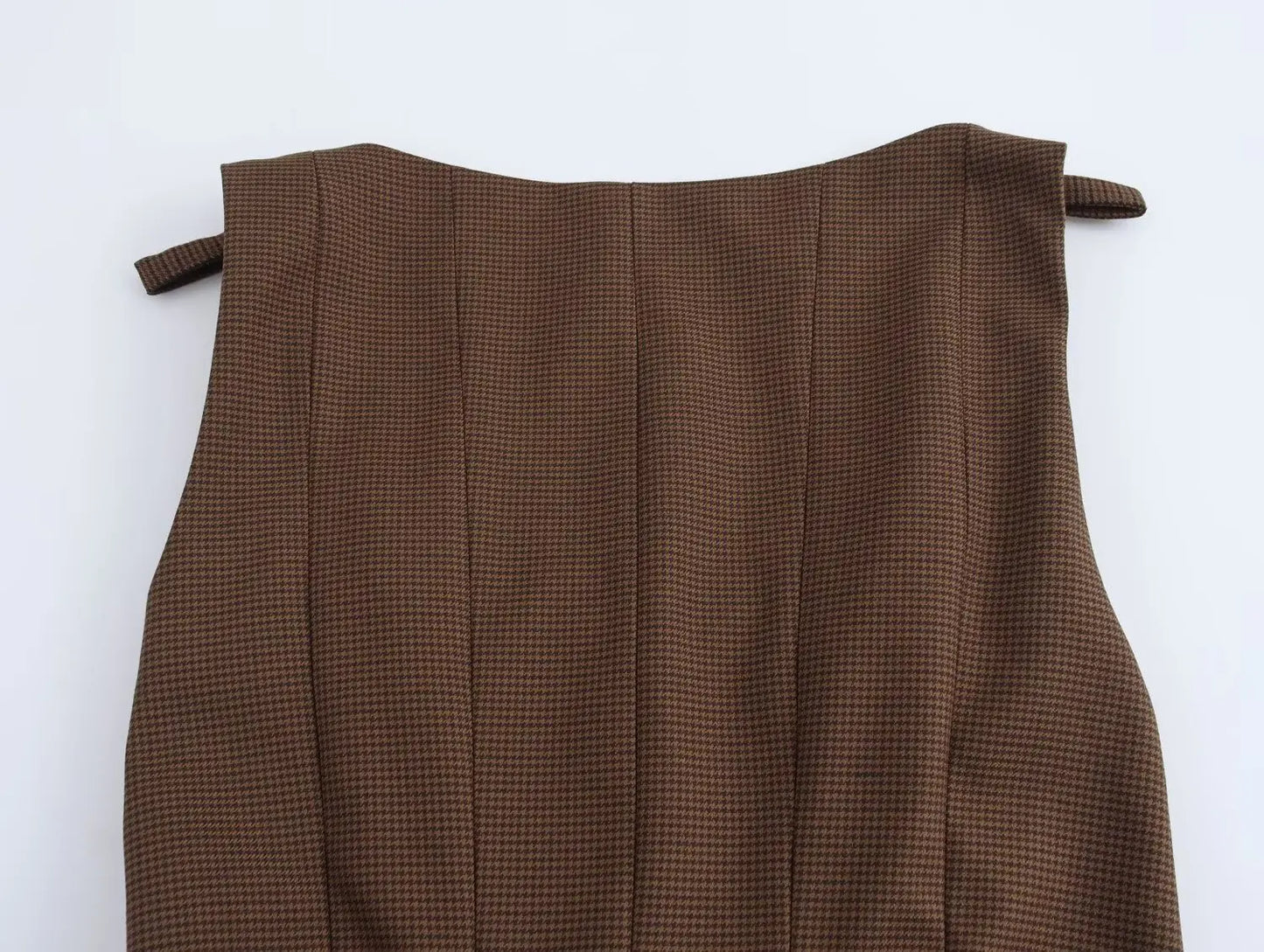 Brown Gingham Tie Up Square Neck Pleated Mini Dress