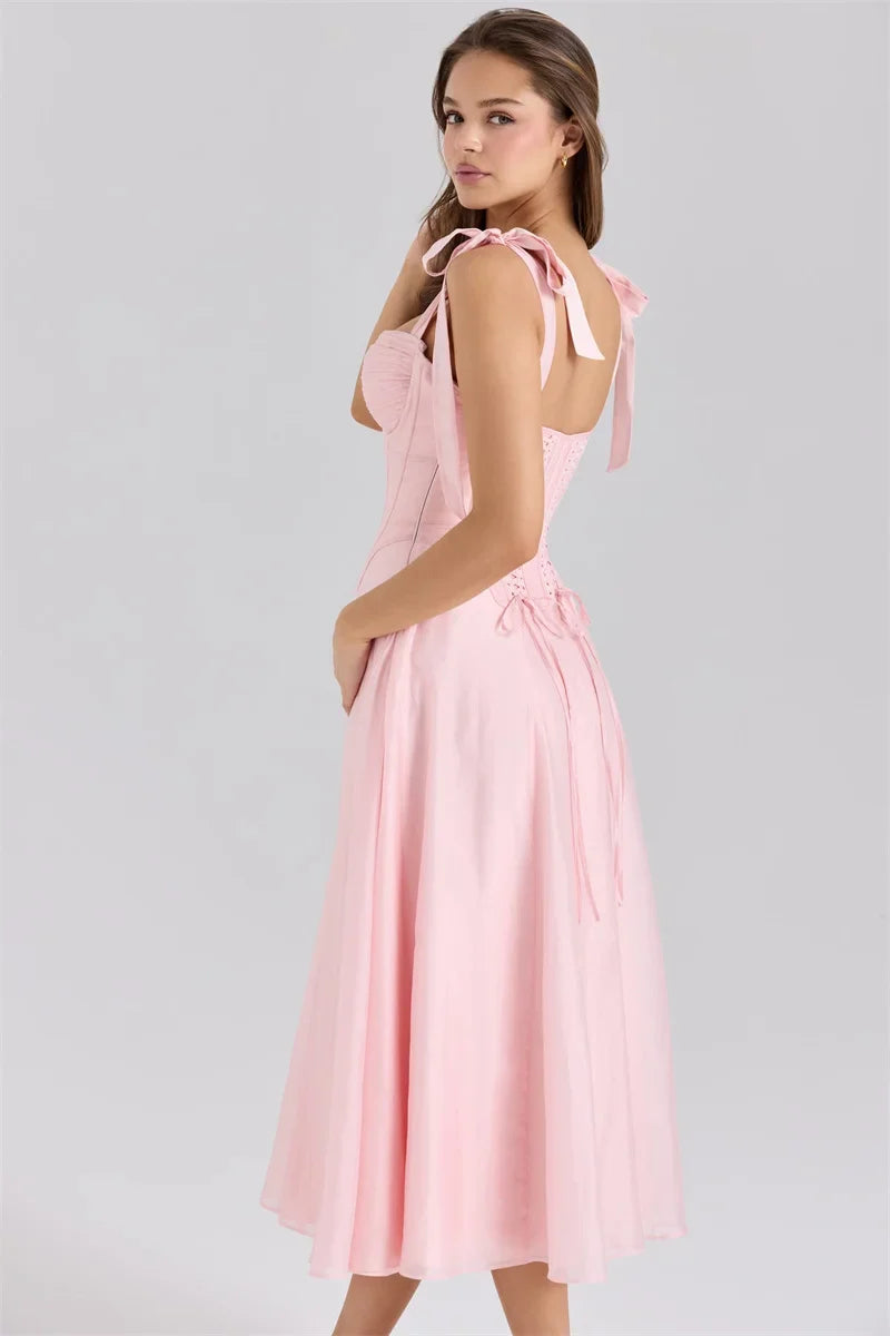Pink Tie Strap Back Lace Up Midi Dress