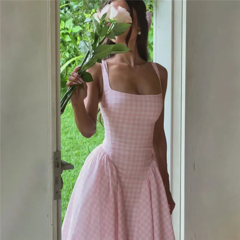 Plaid Printed Corset A-line Maxi Dress