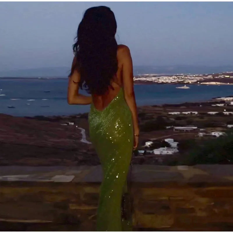 Green Sequin Backless Sling Maxi Dress