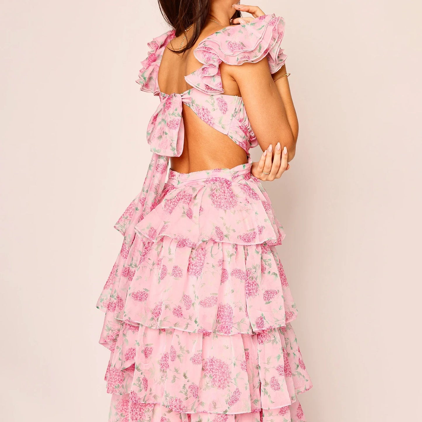 Floral Tiered Ruffles Maxi Dress - V-Neck A-Line