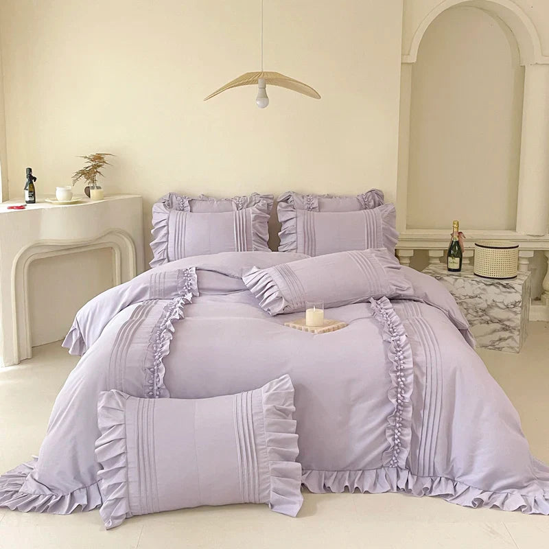 Princess Style Washed Cotton Bedding Set with Pillowcase bed sheet Single Full Bed Linen Purple Duvet Cover Queenking Double Bed