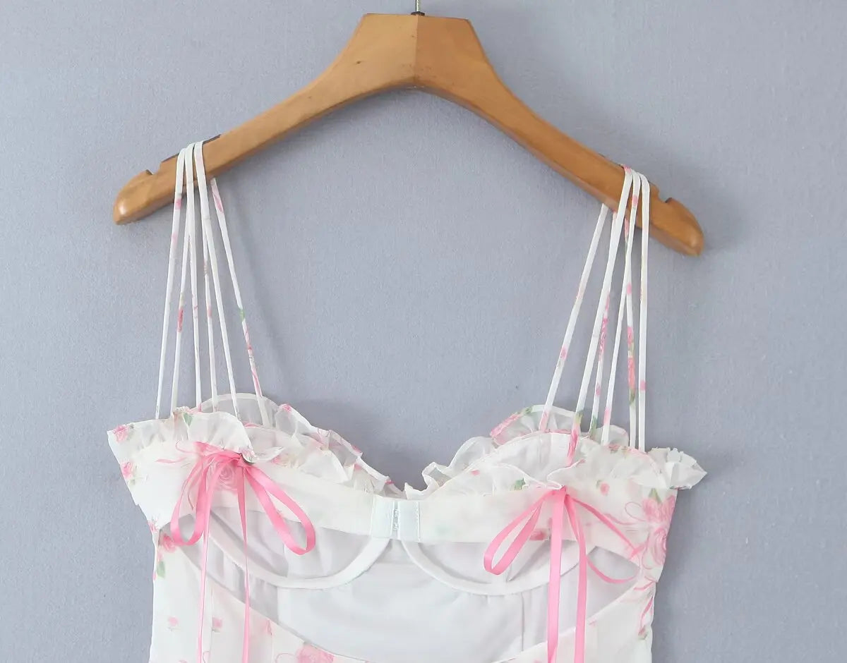 Pink Floral Bow Mesh Cami Mini Dress