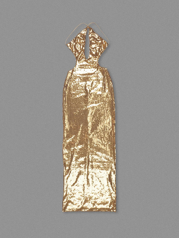 Sequin Cut Out Backless Strap Maxi Dress