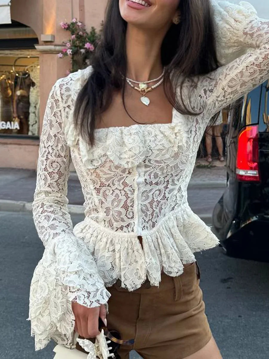 White Lace Ruffle Sleeve Top