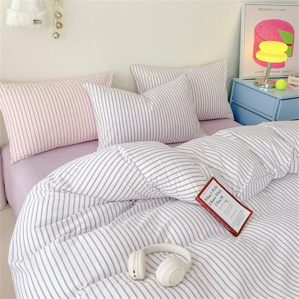 Ins Four Piece Set of Washed Cotton Striped Duvet Cover Set, Simple Bed Sheets, and a Three Piece Set for Student Dormitories