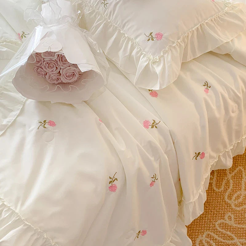 3pcs Rose embroidery Lace Quilt, pillowcase Single Double Summer Air Conditioning Throw Blanket Nap Blanket Thin Quilt