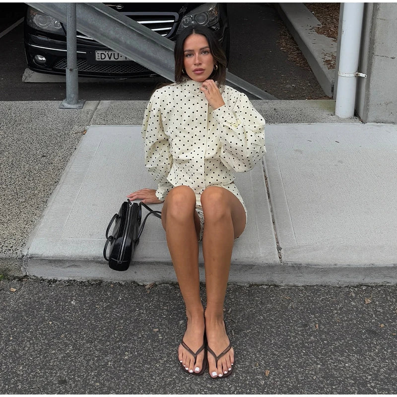 White Polka Dot Zipper Jacket And Shorts Set