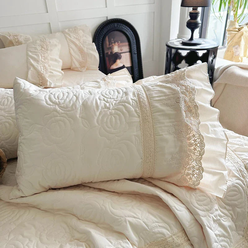 Rose Embossing Quilted Duvet Cover Set Vintage Lace Ruffles Pure Cotton Bedding Set Bed Sheet/Bed Skirt/Fitted Sheet Pillowcases