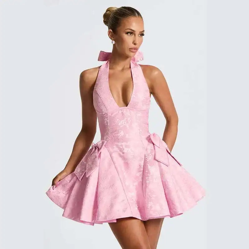 Pink Bow Jacquard A-line Halter Mini Dress