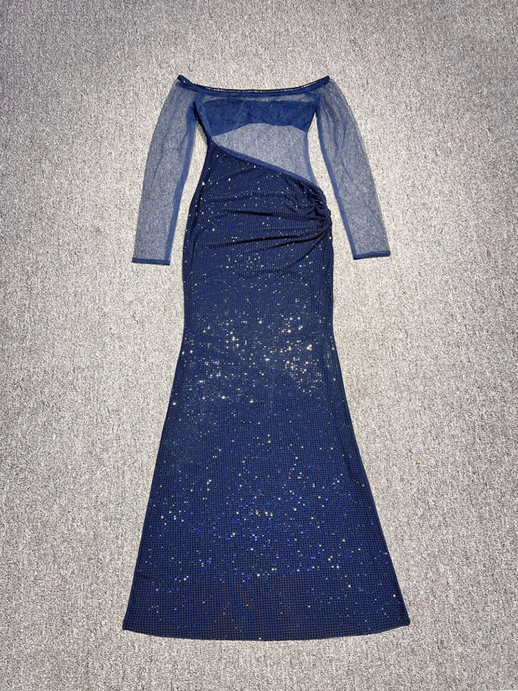 Rhinestone Slash Neck Long Sleeve Patchwork Maxi Dress