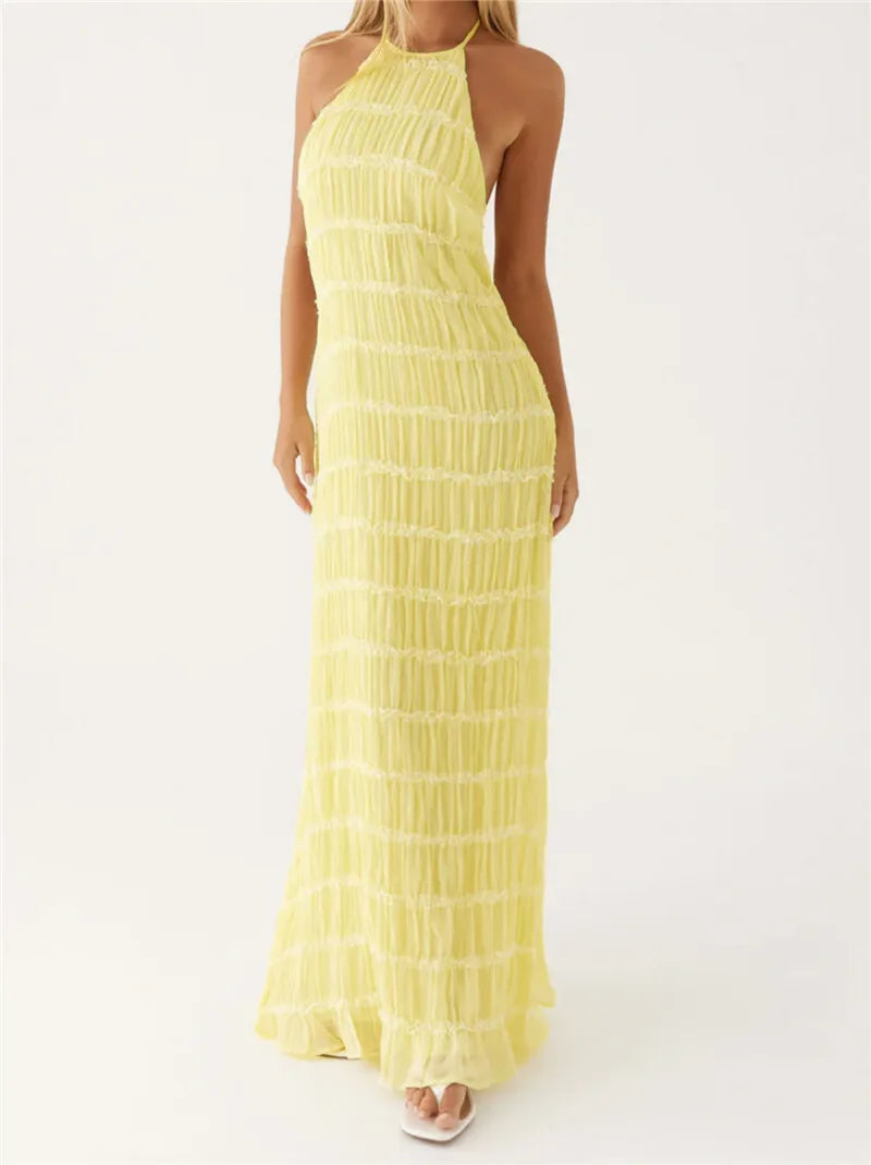 Halter Textured Open Back Maxi Dress