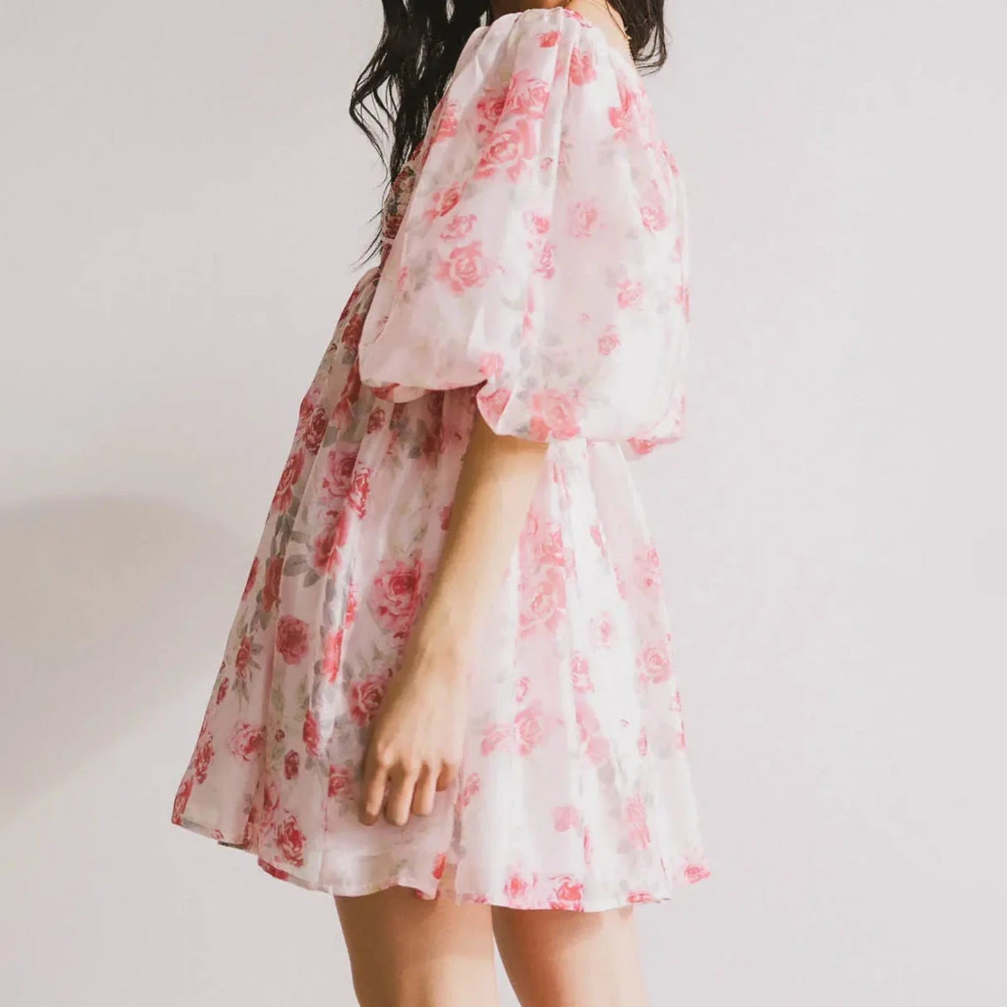 Floral Print Short Puff Sleeve Mesh Layered Babydoll Short Dress