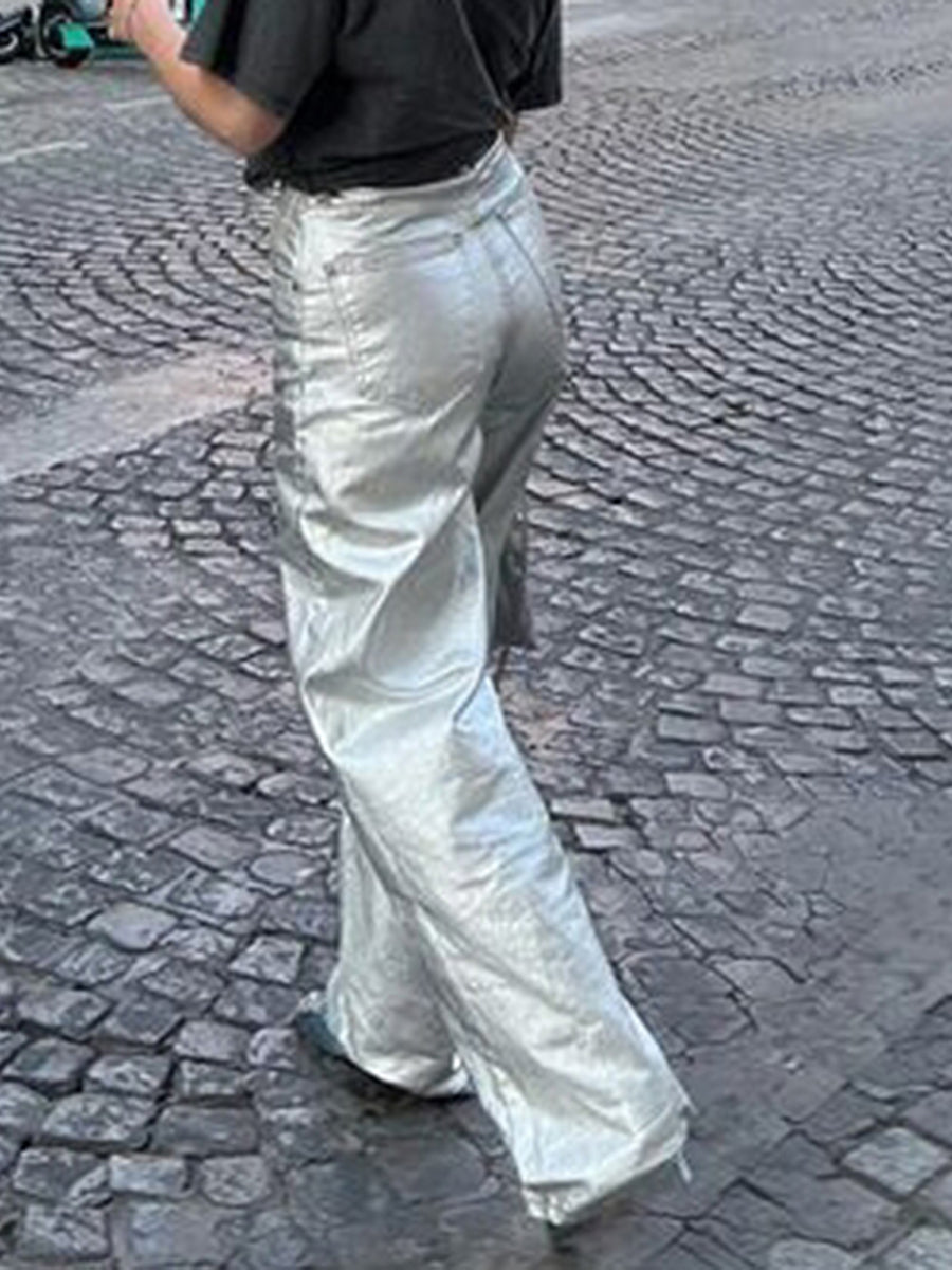 Metallic High Waist Denim Straight Leg Pants