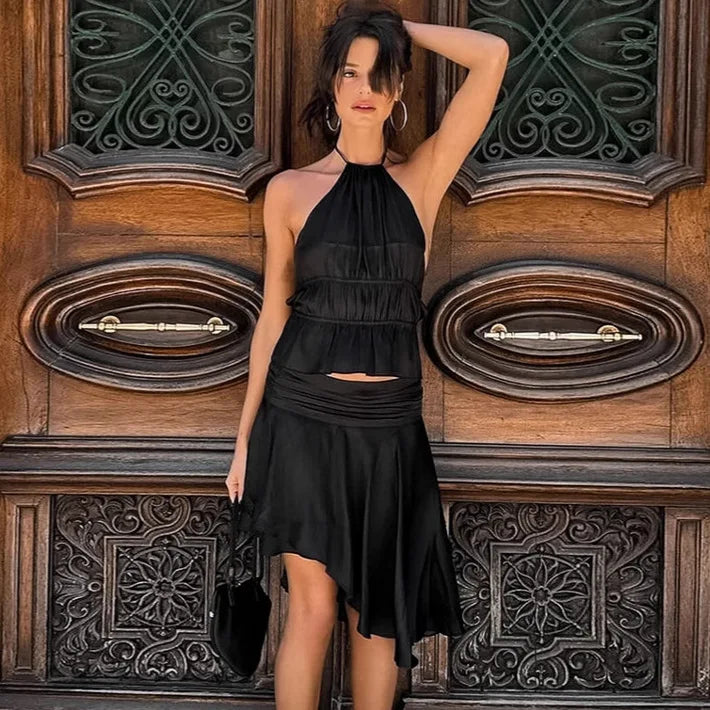 Black Sleeveless Tank Top And Midi Skirt Set