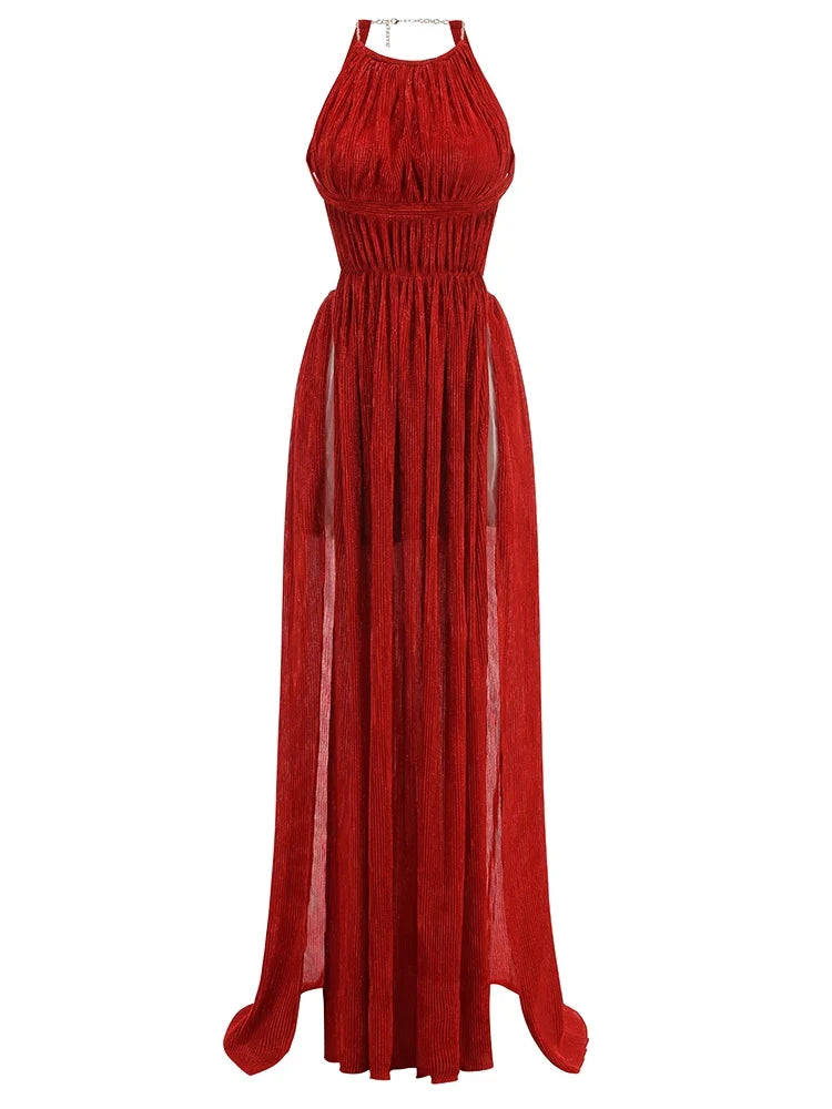 Red Pleated Halter Open Back Maxi Dress