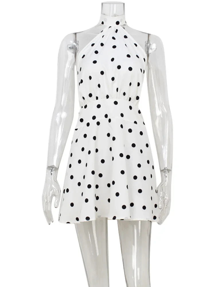 White Polka Dot Halter Open Back Mini Dress