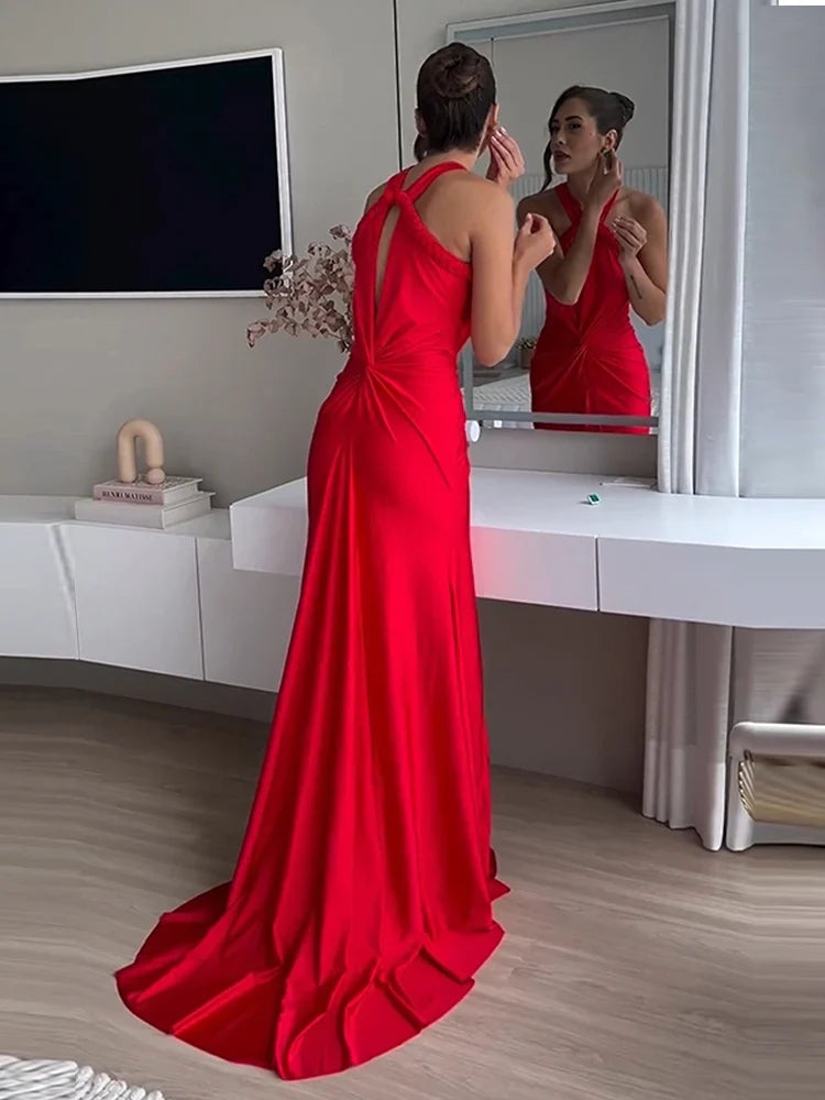 Braided Strap Satin Twisted Maxi Dress