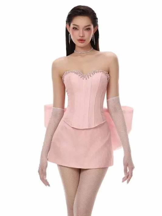 Diamond Strapless Large Bow Corset Top And Mini Skirt Set