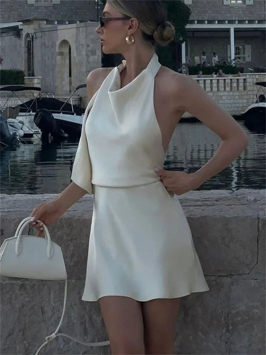 White Backless Lace-Up Satin Mini Dress